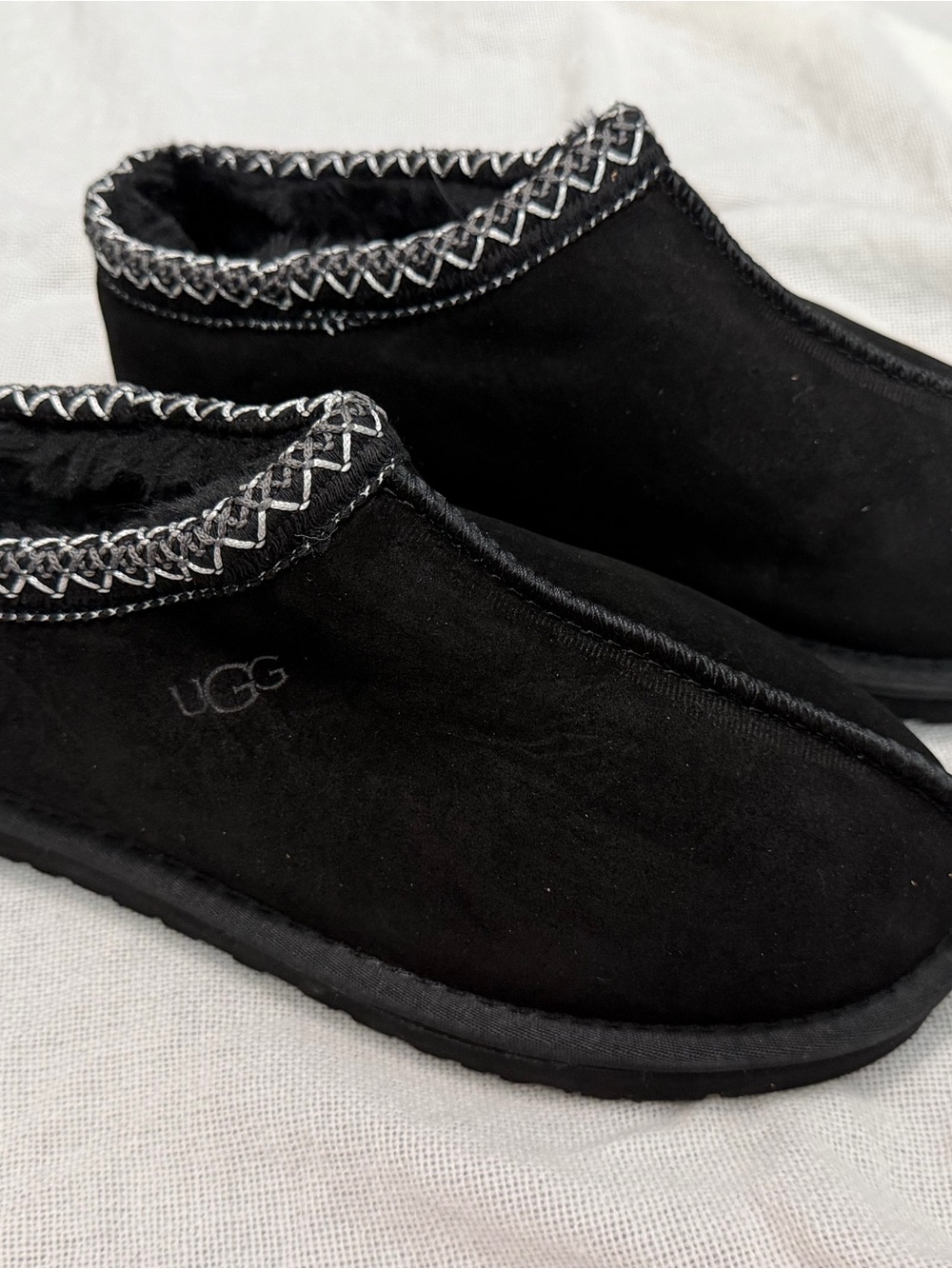 UGG Black Suede Cozy Slip-On Slippers with Stitch Trim